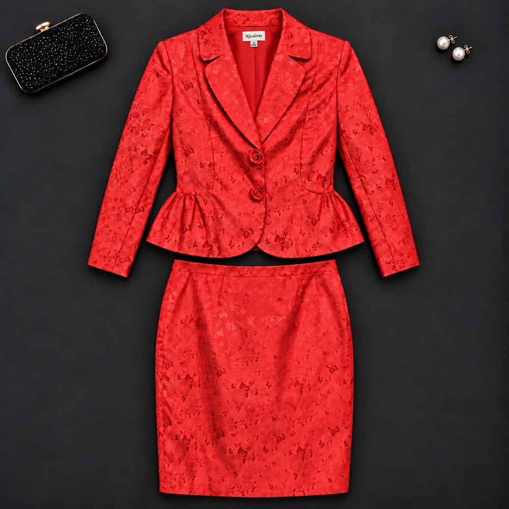 Nicolette Womens Size 12 Red Floral Brocade Skirt Suit Rosette Peplum Blazer Set